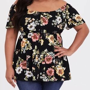 Torrid Pink and Green Ruffled Floral Blouse